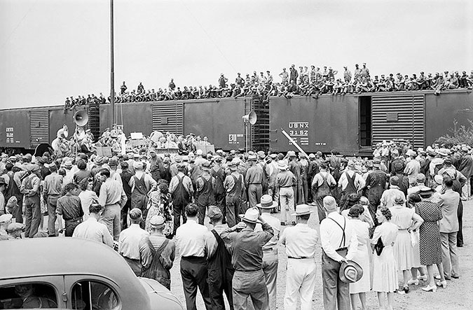 The Lincoln, Nebraska-area Burlington Band performed on a platform at the Havelock shops for a 1943 flag presentation ceremony. 