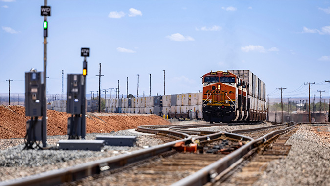 An intermodal train departs the newly constructed north lead at Winslow.