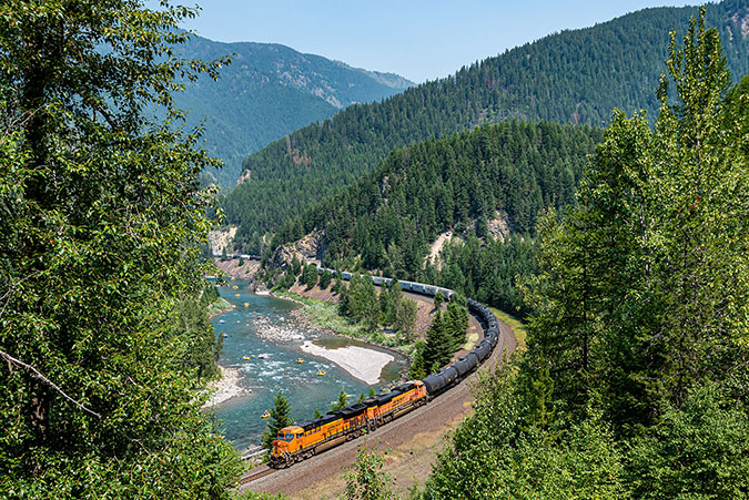 BNSF train passing through Glacier National Park